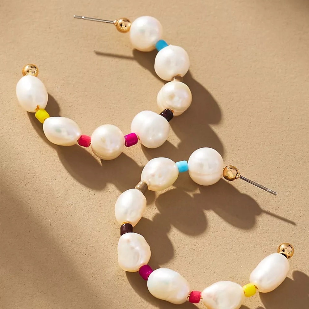 Freshwater Pearl Hoop Earrings with Colorful Beads